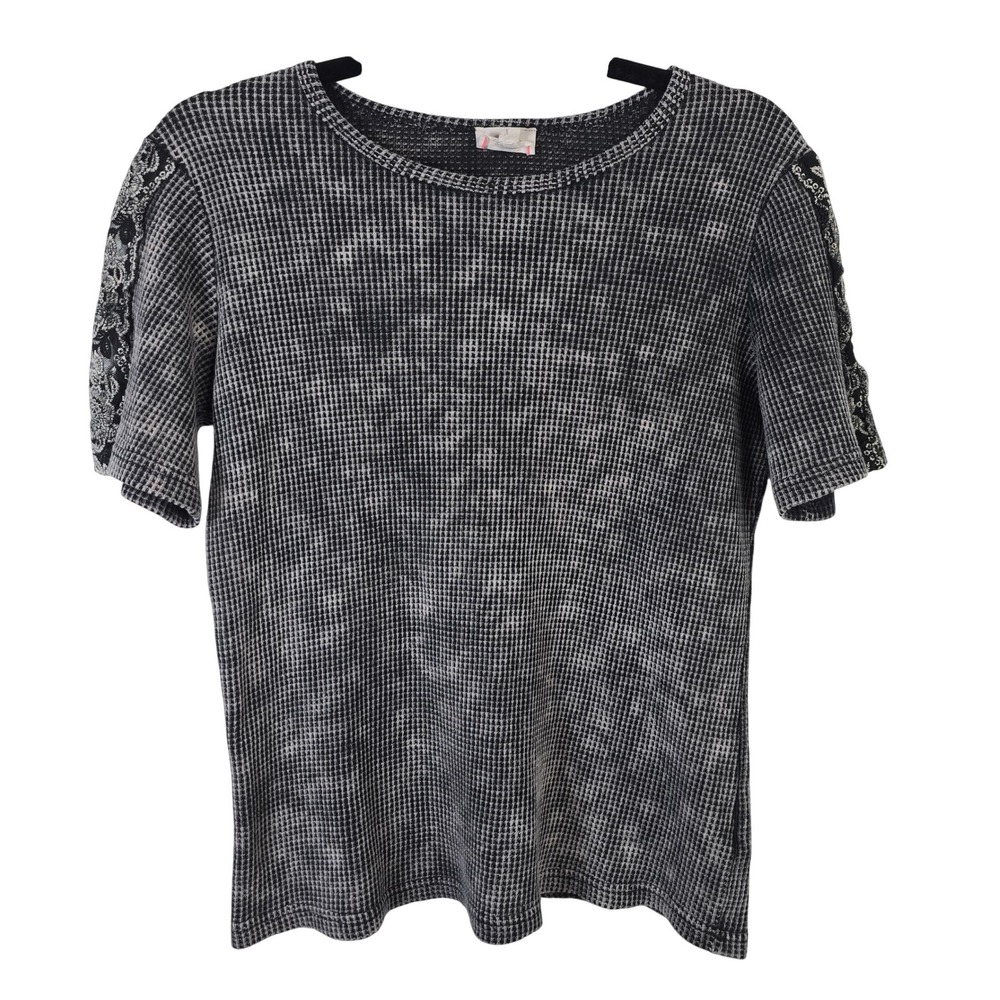 BIBI Women Black White Acid Wash Waffle Knit Lace Shoulder Top Small